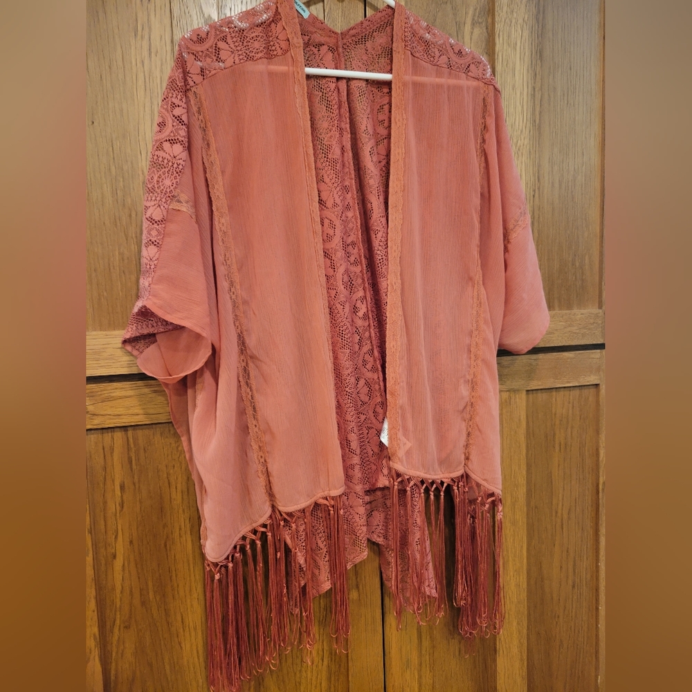 Maurice's Coral Pink Lace Back Tassel Kimono Cover-up  S/M - Picture 2 of 9